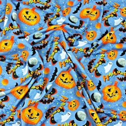 Jersey-Stoff Digitaldruck - Halloween-Kürbisse auf blauem Hintergrund  