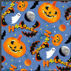 Jersey-Stoff Digitaldruck - Halloween-Kürbisse auf blauem Hintergrund  