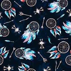 Jersey Stoff Digitaldruck - bunte Traumfänger auf dunkelblauem Hintergrund  