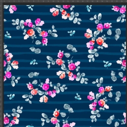 Jersey Stoff Digitaldruck rosa Blumen auf dunkelblauen Streifen  