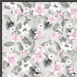 Jersey-Stoff Digitaldruck Blätter mit rosa Blumen auf grauem Hintergrund  