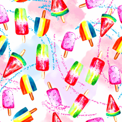 Jersey-Stoff Digitaldruck Obst-Eis auf rosa-weißem Hintergrund