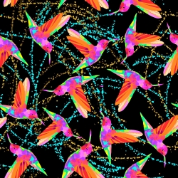 Jersey-Stoff digitaler Druck neonfarbene Vögel auf schwarzem Hintergrund  