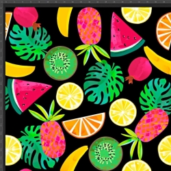 Jersey Druck digital - tropische Früchte auf schwarzem Hintergrund  