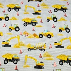 Jersey-Stoff Digitaldruck, Baustellenroboter auf grau-weißen Streifen  