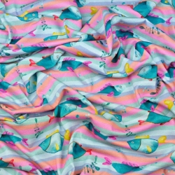 Jersey-Stoff Digitaldruck, Fische auf pastellfarbenen Streifen  