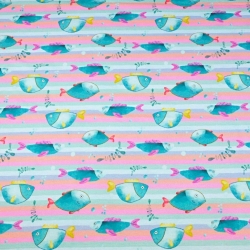 Jersey-Stoff Digitaldruck, Fische auf pastellfarbenen Streifen  