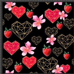 Jersey Stoff Digitaldruck Herzen, Erdbeeren und geometrische Muster auf schwarzem Hintergrund  