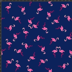 Jersey-Stoff mit rosa Flamingos auf dunkelblauem Hintergrund - Digitaldruck  