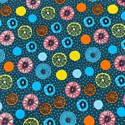 Jersey-Stoff bunte Zitronen auf blau-grauem Hintergrund  