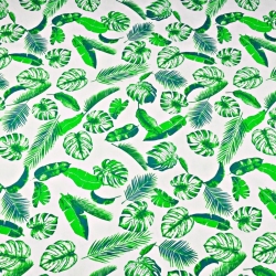 Jersey-Stoff mit grünen Blättern auf weißem Hintergrund  