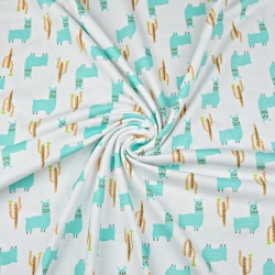 Jersey-Stoff mit mintfarbenen Alpakas auf weißem Hintergrund  