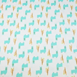Jersey-Stoff mit mintfarbenen Alpakas auf weißem Hintergrund  