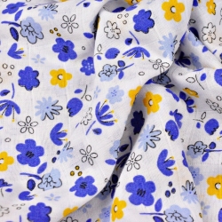 Baumwoll-Musselin dunkelblau-gelbe Wiese auf weißem Hintergrund  