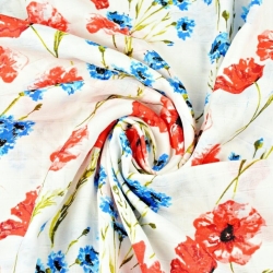 Baumwoll-Musselin - Mohnblumen und Kornblumen auf weißem Hintergrund  