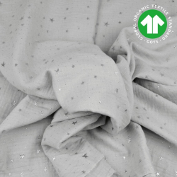 Baumwoll-Musselin double gauze hellgrau (Glacier Gray) mit silbernen Sternen  