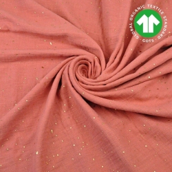 Baumwolle Musselin double gauze pastell dunkelkoralle (Terra Cotta) mit goldenen Punkten  