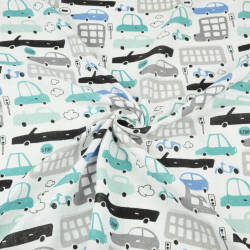 Baumwolle Tetra Autos grau-türkis auf weißem Hintergrund  