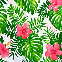 100% Baumwolle rosa Hibiskus mit grünen Blättern auf weißem Hintergrund 220cm  