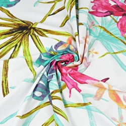 Baumwolle 100% Amaranthblüten mit Monstera-Blättern auf weißem Hintergrund - 220cm  