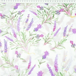 Baumwolle 100% Lavendelblumen mit Zweigen auf weiß-grauem Hintergrund - 220cm  