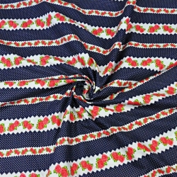 100% Baumwolle rote Röschen in blauen Streifen - 220cm  