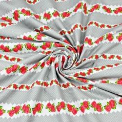 100% Baumwolle rote Röschen in grauen Streifen - 220cm  