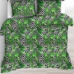 Baumwolle 100% grüne Palmenblätter auf schwarzen Rauten auf weißem Hintergrund - 220cm  