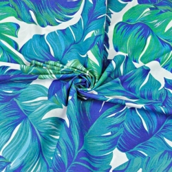 Baumwolle 100% tropische Blätter blau-grün auf weißem Hintergrund - 220cm  
