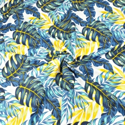 Baumwolle 100% gelb-blaue Blätter auf weißem Hintergrund - 220cm  
