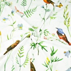 Baumwolle 100% große Wiese mit Vögeln auf weißem Hintergrund - 220cm  