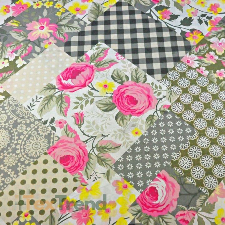 Baumwolle 100% Patchwork Blumen grau-khaki 220cm  