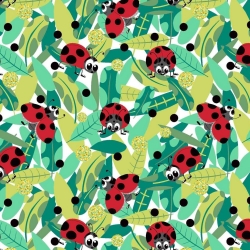 Baumwolle 100% rote Marienkäfer mit schwarzen Punkten auf weißem Hintergrund  