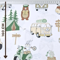 Baumwolle 100% Camping braun-grün auf weißem Hintergrund  