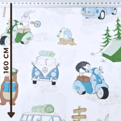 Baumwolle 100% Camping blau-grün auf weißem Hintergrund  