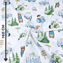 Baumwolle 100% Camping blau-grün auf weißem Hintergrund  