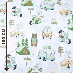 Baumwolle 100% Camping orange-grün auf weißem Hintergrund  