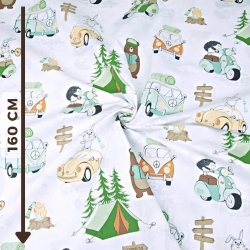 Baumwolle 100% Camping orange-grün auf weißem Hintergrund  