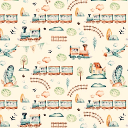 Baumwolle 100% Lokomotive und Flugzeug braun-grün gezeichnet auf ecrufarbenem Hintergrund  