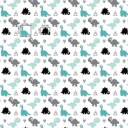 Baumwolle 100% Dinosaurier mintgrau auf weißem Hintergrund  