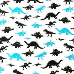 Baumwolle 100% Dinosaurier blau-schwarz auf weißem Hintergrund  