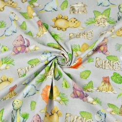 Baumwolle 100% orange-blaue Dinosaurier auf grauem Hintergrund  