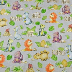 Baumwolle 100% orange-blaue Dinosaurier auf grauem Hintergrund  