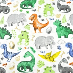 Baumwolle 100% Dinosaurier mit gelbem Pterodaktylus auf weißem Hintergrund  