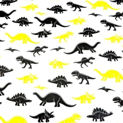 Baumwolle 100% Dinosaurier gelb-schwarz auf weißem Hintergrund  