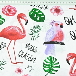 Baumwolle 100% Flamingos und Papageien mit Blättern auf weißem Hintergrund  
