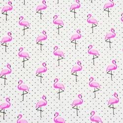 Baumwolle 100% MINI Flamingos mit schwarzen Punkten auf weißem Hintergrund  