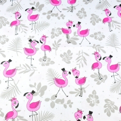 Baumwolle 100% neue rosa Flamingos mit Blättern auf weißem Hintergrund  