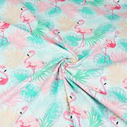 Baumwolle 100% Pastell Flamingos rosa-minze auf hellgrauem Hintergrund  