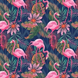Baumwolle 100% rosa Flamingos auf dunkelgrün-blauem Hintergrund  